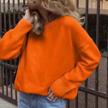 Модные зимние однотонные вязаные свитера женские повседневные свободные топы с круглым вырезом и длинными рукавами трикотажные осенние шикарные женские уличные пуловеры топы One size бирюзовый