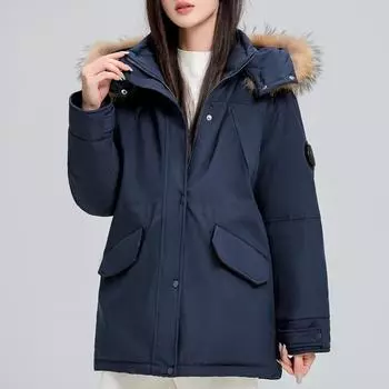Модные зимние пальто для женщин, парки больших размеров с капюшоном и воротником из натурального меха, свободные толстые теплые верхние одежды, женские куртки S чёрный