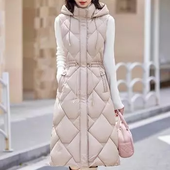 Модные зимние пальто женские длинные жилеты с капюшоном элегантные толстые теплые безрукавные парки женские куртки L чёрный