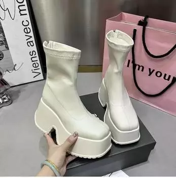 Модные зимние панк-сапоги 2024 года, женская обувь, модные туфли с молнией сзади, на высоком каблуке и толстой подошве, элегантные женские ботильоны, ботинки на платформе 35 чёрный