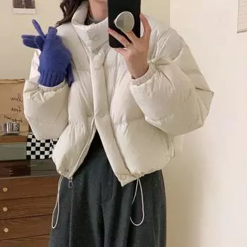 Модные зимние парки из искусственной кожи для женщин, пальто с воротником-стойкой, женские элегантные эластичные манжеты, короткие стеганые куртки для женщин S бежевый