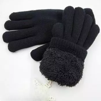 Модные зимние перчатки для мальчиков и девочек, однотонные варежки из овечьего бархата, мягкие теплые черные двухслойные мужские утолщенные перчатки one size чёрный