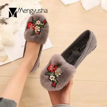 Модные зимние плюшевые криперы нескользящие мокасины роскошные кроличьи ворс теплые мокасины без застежек модные вышитые цветы бисер хлопковые туфли 43 4.5 серый
