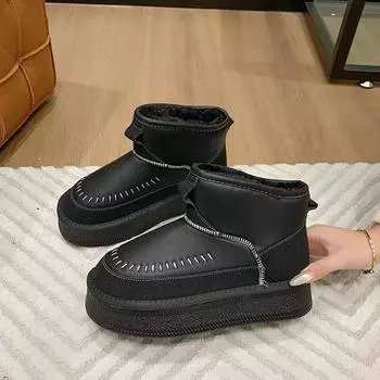 Модные зимние повседневные женские зимние сапоги с круглым носком 2024 года, горячая распродажа, женские теплые плюшевые сапоги на толстой подошве со средним каблуком, водонепроницаемые теплые зимние сапоги 35 чёрный