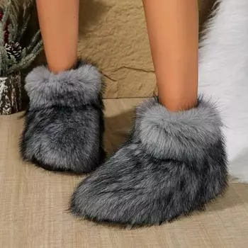 Модные зимние пушистые сапоги женские меховые туфли пушистые меховые зимние сапоги плюшевая подкладка резиновые плоские уличные бабочки теплая женская обувь 36 серый