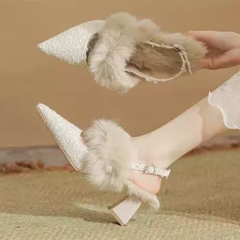 Модные зимние пушистые теплые сандалии для женщин 2025 года, сексуальные туфли-лодочки с острым носком и толстым каблуком, роскошные элегантные туфли на высоком каблуке 35