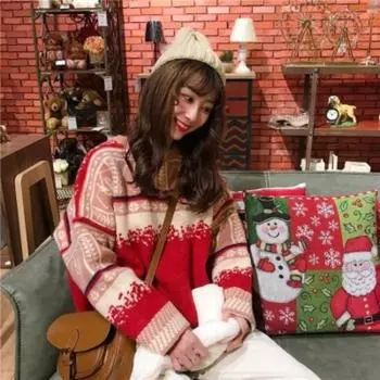 Модные зимние рождественские свитера с круглым вырезом для женщин, винтажные свободные вязаные свитера с принтом, женские элегантные облегающие повседневные джемперы 25657 One Size красный