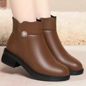 Модные зимние сапоги 2024 года на каблуке 4,5 см, женские зимние сапоги из натуральной кожи, большие размеры, черные сапоги на платформе, ботильоны из толстой шерсти для женщин 35 чёрный