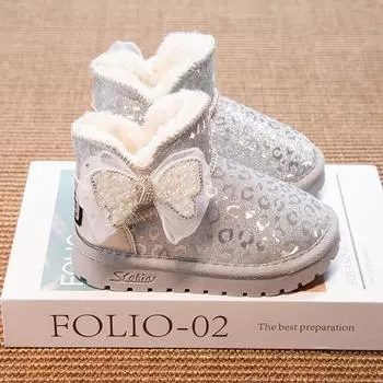 Модные зимние сапоги для девочек с бантом и цветочным узором, хлопковая обувь, утолщенная теплая обувь с мягкой подкладкой для детей среднего и крупного возраста, осенние и зимние новые кожаные сапоги 26 серебряный