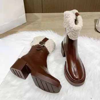 модные зимние сапоги для женщин лакированные кожаные сапоги черные коричневые ботильоны на платформе теплые ботинки в стиле готика панк ботфорты 35 чёрный
