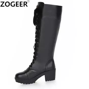 Модные зимние сапоги для женщин, модные сапоги до колена, повседневные сапоги в стиле панк, на шнуровке, черные, белые, длинные туфли для женщин, большой размер 45 48 34