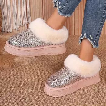 Модные зимние сапоги из искусственного меха для женщин, новинка 2024 года, модные теплые зимние сапоги из блесток и ткани, женские нескользящие утолщенные плюшевые ботильоны большого размера 36 чёрный