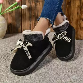 Модные зимние сапоги из искусственной замши и хлопка, женские домашние шерстяные ботильоны с бантом 2024 года, новые теплые короткие сапоги на толстой подошве в стиле принцессы 36-37 чёрный