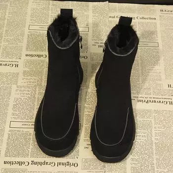 Модные зимние сапоги из коровьей замши на плоской подошве со средним каблуком 2024 года, высококачественные женские туфли с круглым носком, сплошные, новинка, женские сапоги 35