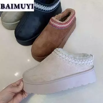 Модные зимние сапоги на платформе с плоскими каблуками Женские меховые тапочки Замшевые хлопковые туфли Женская зимняя обувь 2025 года Трендовые теплые плюшевые ботильоны Повседневные меховые шлепанцы 35 бежевый