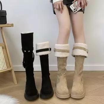 Модные зимние сапоги на толстой подошве, женские модные сапоги выше колена из искусственного меха, новые зимние теплые меховые сапоги, повседневная хлопковая обувь с пряжкой на ремне 35 чёрный