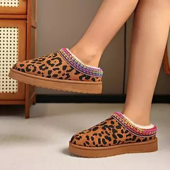 Модные зимние сапоги с леопардовым принтом и толстой подошвой, женские теплые утолщенные плюшевые хлопковые туфли, женские зимние ботинки 2024 года на плоской подошве и платформе с ботильонами 36 коричневый