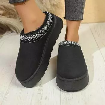 Модные зимние сапоги женские зимние новые кашемировые теплые толстые подошвы без каблука покрытые волосами полутапочки хлопковые туфли теплые кашемировые сапоги 36 чёрный