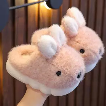 модные зимние тапочки для девочек и мальчиков, теплые мягкие домашние тапочки для родителей, пушистые туфли с изображением кролика из мультфильма, детские тапочки с мягкой подошвой 24-25 (insole15cm
