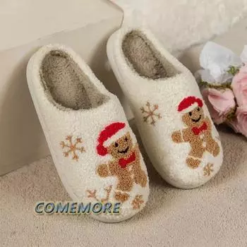 Модные зимние тапочки с героями мультфильмов женские рождественские теплые плюшевые пушистые туфли для пар домашние тапочки нескользящие домашние тапочки подарки 36-37