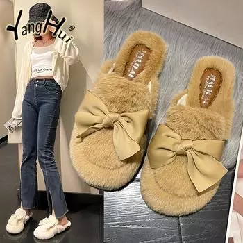 Модные зимние тапочки женские аксессуары с бантом модные пушистые меховые тапочки домашние хлопковые туфли на платформе плоские тапочки для дома 2024 Новинка 36 бежевый