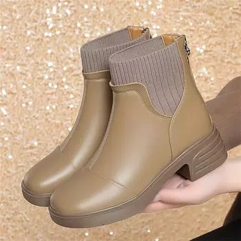 Модные зимние теплые элегантные нескользящие средние каблуки толстые плюшевые короткие ботинки для женщин на молнии удобные ботильоны в стиле панк 35(Foot22.5cm)