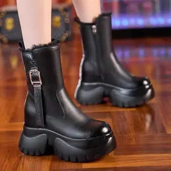Модные зимние теплые ботильоны из натуральной кожи для женщин, толстый каблук 8 см, круглый носок, платформа, ботинки-камини, женская теплая обувь с боковой молнией 34