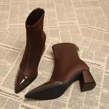 модные зимние теплые хлопковые женские ботильоны модные заостренные носки короткие ботильоны женские элегантные толстые каблуки Botas De Mujer 35 коричневый