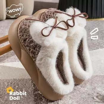 Модные зимние теплые меховые тапочки для женщин, симпатичные домашние нескользящие мягкие туфли с бантом, удобные домашние плюшевые тапочки на плоской подошве для спальни 36-37 бежевый