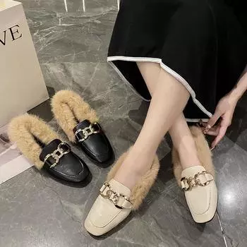 Модные зимние теплые мокасины с длинным плюшем и квадратным носком, металлические цепочки, балетки, мокасины, роскошные меховые ленивые эспадрильи из кроличьей шерсти 35 бежевый