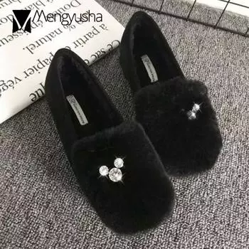 Модные зимние теплые мокасины с мультяшными ушками и кристаллами, женские большие размеры 35-42, обувь для беременных, женские мокасины из натурального меха кролика 5 зелёный