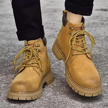 Модные зимние теплые плюшевые модные мужские кожаные ковбойские сапоги для отдыха на природе повседневные кожаные кроссовки ручной работы для молодежи желтые мужские дорожные ботинки 37 серый