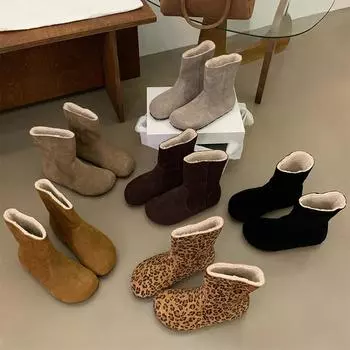 модные зимние теплые плюшевые женские зимние сапоги модные короткие боты без застежек с леопардовым принтом повседневные туфли на плоской подошве из хлопка 35 верблюд