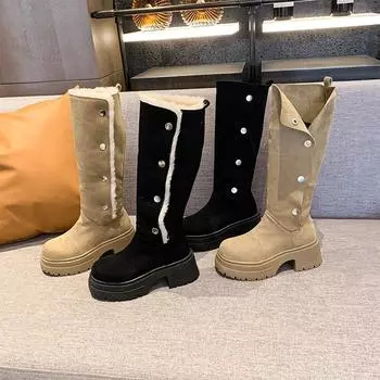 Модные зимние теплые плюшевые женские зимние сапоги Модные слипоны на платформе с каблуком Длинные ботинки Повседневные уличные туфли на плоской подошве из хлопка 35 абрикосовый