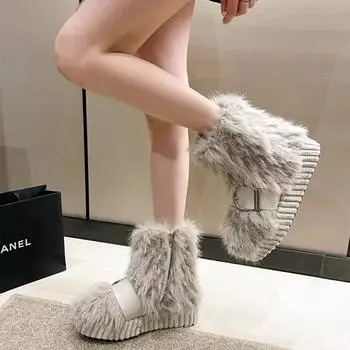 Модные зимние теплые плюшевые зимние сапоги 2025 года, женские модные ботильоны с пряжкой на ремне, легкие нескользящие ботинки на толстой подошве 35 серый