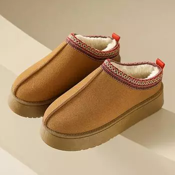 Модные зимние теплые сапоги для женщин 2024 года, туфли на толстой платформе, меховые короткие плюшевые теплые тапочки на плоской подошве, женские сапоги из искусственной замши и хлопка 36 коричневый