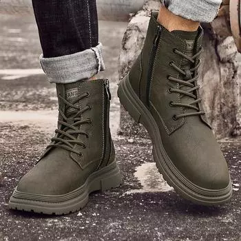 Модные зимние теплые удобные ботинки для отдыха на открытом воздухе с высоким верхом на боковой молнии мужские мотоциклетные ботинки из натуральной кожи уличные ботильоны 38 хаки