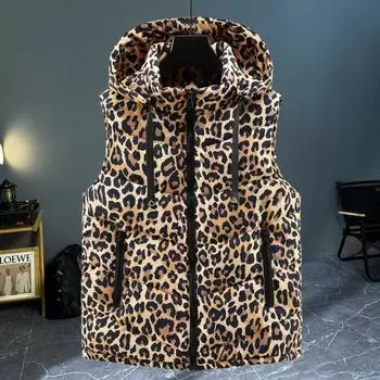 Модные зимние теплые жилеты для мужчин, безрукавки, парки с капюшоном, повседневные толстые, больших размеров, верхняя одежда, мужские куртки L леопардовый