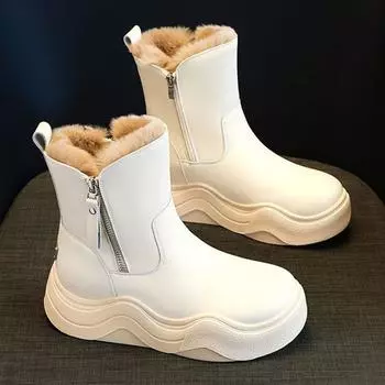 Модные зимние теплые зимние ботинки женские модные британские ботинки на молнии удобные ботильоны на платформе толстая подошва боковая молния высокие зимние ботинки 35 покинуть белый