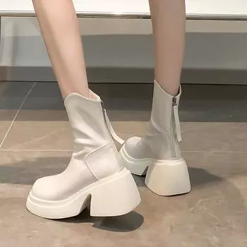 модные зимние тонкие женские современные ботильоны повседневные короткие ботильоны женские туфли на платформе толстые высокие каблуки 35 коричневый