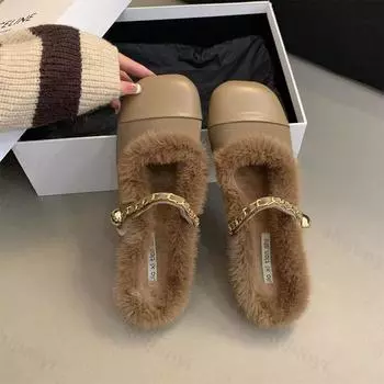 Модные зимние туфли из плюша для женщин, пушистые туфли Мэри Джейн, теплые хлопковые туфли на плоской подошве, элегантные туфли из искусственного меха, Zapatos De Mujer 35 хаки