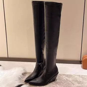 Модные зимние туфли на квадратном каблуке, современные тапочки выше колена, женская обувь без застежек, распродажа 2024 года, модные женские ботинки с круглым носком и низким каблуком 35 чёрный