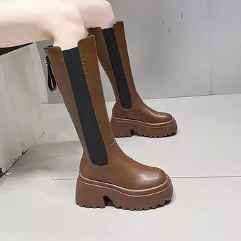 Модные зимние высокие сапоги на каблуке 8,5 см для женщин, модные длинные сапоги с толстой подошвой, женские элегантные рыцарские сапоги с толстой подошвой 34 коричневый