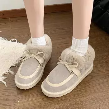 Модные зимние женские ботильоны на открытом воздухе нескользящие женские плюс бархатные износостойкие хлопковые бабочки с узлом на резинке теплые женские туфли 35 бежевый