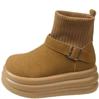 Модные зимние женские ботинки из хлопка с пряжкой на толстой подошве и бисквитным верхом, новые зимние эластичные бархатные ботинки для снега 34 жёлтый