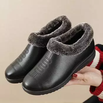 Модные зимние женские ботинки из искусственной кожи, ботильоны, плюшевые теплые зимние ботинки, женские водонепроницаемые туфли на плоской подошве из хлопка для мам, большие размеры 35 чёрный