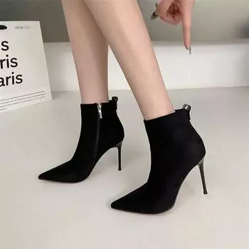 модные зимние женские черные сапоги из флоковой кожи с острым носком, короткие, узкие, на молнии, женские сапоги на высоком каблуке, модные женские ботильоны 34