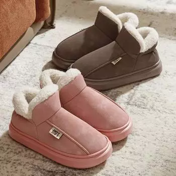 Модные зимние женские домашние туфли из хлопка без застежек для мужчин 2024 года, уличные теплые ботильоны, женские домашние плюшевые тапочки с подкладкой для женщин 36-37 чёрный