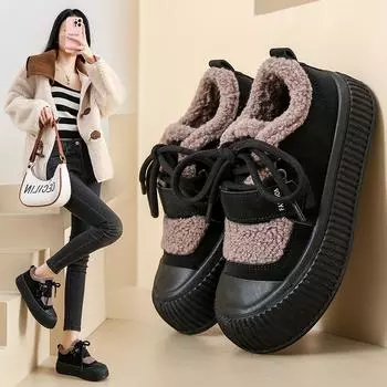 Модные зимние женские хлопковые туфли с теплой бархатной подошвой, спортивная обувь для женщин, повседневная обувь для ходьбы на открытом воздухе 35 чёрный