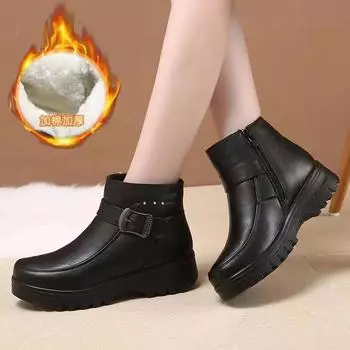 Модные зимние женские кожаные ботильоны, женские толстые плюшевые теплые зимние ботинки для мам, непромокаемые нескользящие ботинки, Botas De Mujer 35 чёрный